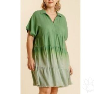 Umgee Green Blue Dip Dye Short Sleeve Split V Neck Boho Linen Blend Mini Dress